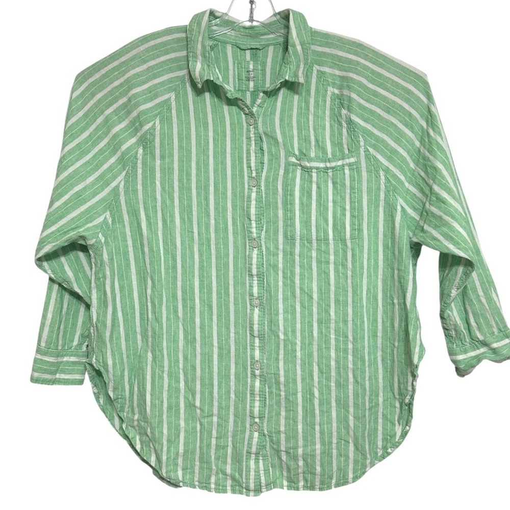 Aerie Button Up Shirt Women Green White Stripe Linen Beach Boho Relaxed Fit‎  S